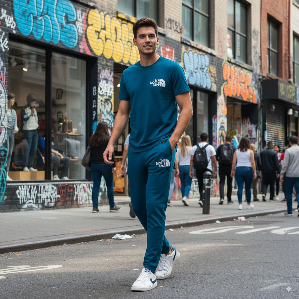 Men’s Dri-Fit Printed Track Suit – 2 Pcs, Blue, Round Neck
